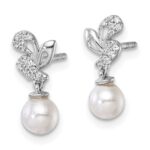 14K White Gold Polished 1/10 carat Diamond and White Freshwater Cultured Pearl Dangle Post Earrings - Image 2