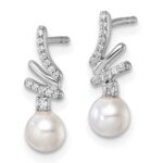 14K White Gold Polished 1/10 carat Diamond and White Freshwater Cultured Pearl Drop Post Earrings - Image 2