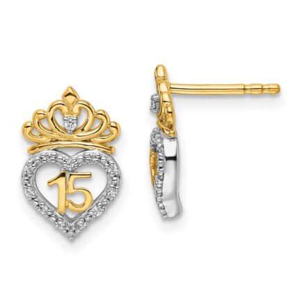 14K Two-tone Polished Diamond Quinceanera Heart/Crown Post Earrings