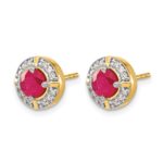 14k 5.2mm Round Ruby and Diamond Halo Post Earrings - Image 2