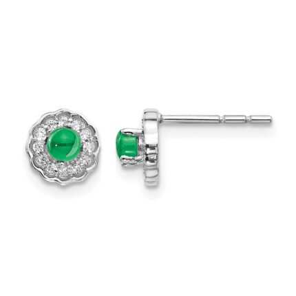 14k White Gold 3mm Round Emerald Cabochon and Diamond Halo Post Earrings