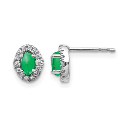 14k White Gold 1/6 carat Lab Grown Diamond VS/SI+ G+ and Oval Created Emerald Complete Halo Post Earrings