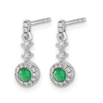 14k White Gold 3mm Round Emerald Cabochon and Diamond Halo Dangle Post Earrings - Image 2