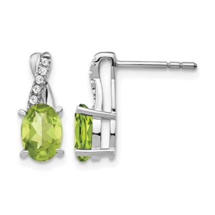 14k White Gold 7x5 Oval August/Peridot and Diamond Earrings