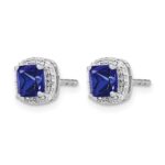 14k White Gold 5mm Cushion Sapphire and Diamond Halo Post Earrings - Image 2