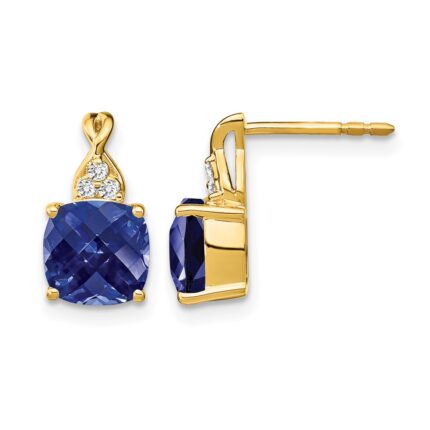 10k Checkerboard Created Sapphire and Diamond Earrings
