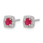 14k White Gold 3.7mm Round Ruby and Diamond Square Halo Post Earrings - Image 2