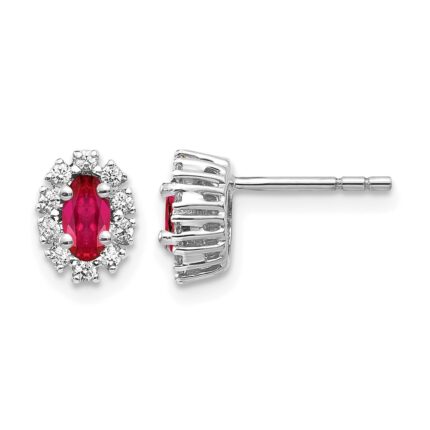 14k White Gold 5x3mm Oval Ruby and Diamond Halo Post Earrings