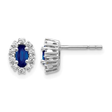 14k White Gold 1/5 carat Lab Grown Diamond VS/SI+ G+ and Oval Created Sapphire Halo Post Earrings