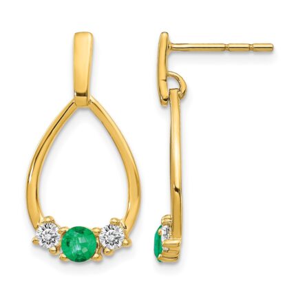 14k Emerald and White Sapphire Teardrop Post Dangle Earrings