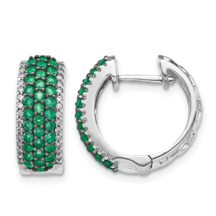 14k White Gold Diamond and Emerald 18mm Hinged Hoop Earrings