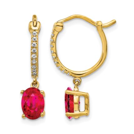 14k 1/10 carat Diamond and 7x5mm Oval Ruby Dangle Hoop Earrings