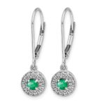 14k White Gold 1/5 carat Lab Grown Diamond VS/SI+ G+ and Created Emerald Complete Halo Leverback Earrings - Image 2