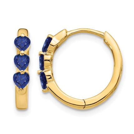 14k 3mm Heart Lab Created Sapphire Polished Hinged Hoop Earrings
