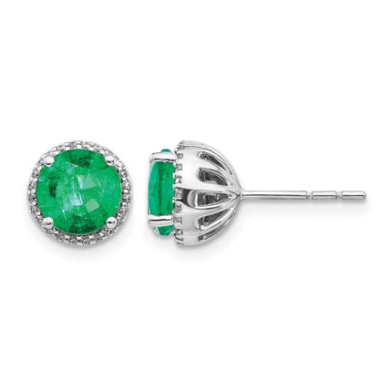 14k White Gold 6mm Round Emerald and Diamond Halo Post Earrings