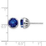 14k White Gold 6mm Round Sapphire and Diamond Halo Post Earrings - Image 4