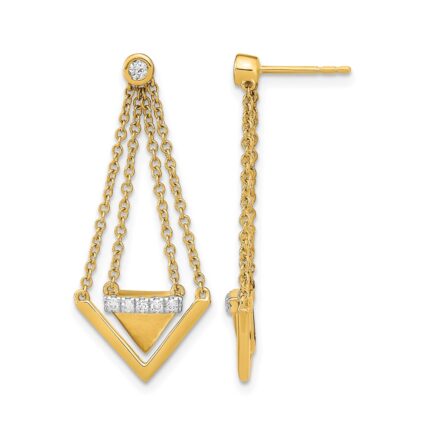 14k Satin/Polished 1/6 carat Diamond Triangle and Chain Dangle Post Earrings