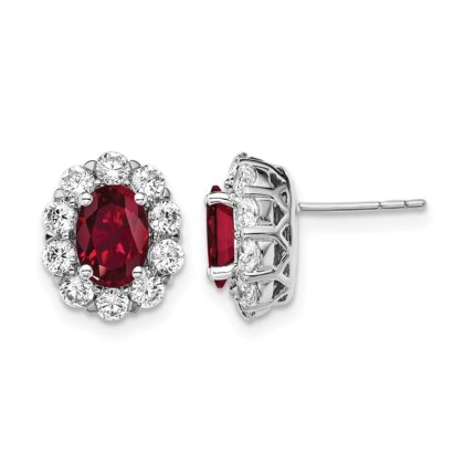 14k White Gold 1 1/5 carat Lab Grown Diamond VS/SI+ G+ and Oval Created Ruby Complete Halo Post Earrings