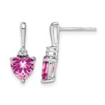 14k White Gold 6mm Heart Lab Created Pink Sapphire and Diamond Post Earrings