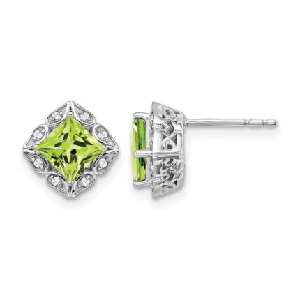 14k White Gold Square Peridot and Diamond Earrings