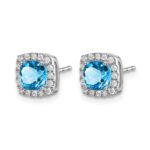 14k White Gold Cushion Blue Topaz and Diamond Halo Earrings - Image 2