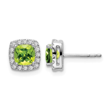 14k White Gold Cushion Peridot and Diamond Halo Earrings
