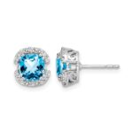 14k White Gold Cushion Blue Topaz and Diamond Halo Earrings