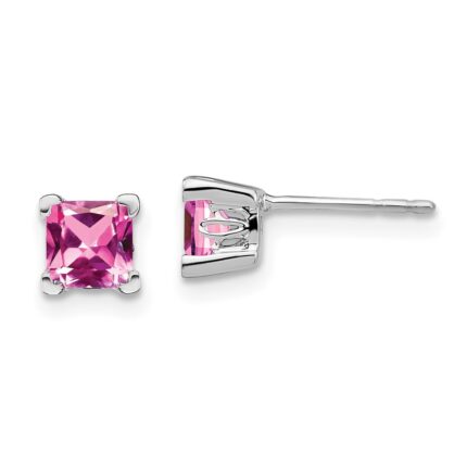 14k White Gold 5mm Princess Lab Created Pink Sapphire Post Earrings