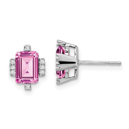 14k White Gold 7x5mm Emerald-cut Lab Created Pink Sapphire and Diamond Post Earrings