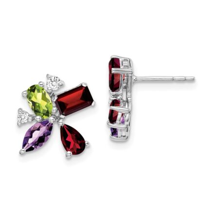 14k White Gold Amethyst/Peridot/Garnet/Diamond Earrings