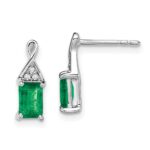 14k White Gold 6x4mm Emerald-cut Emerald and Diamond Post Earrings