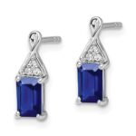 14k White Gold 6x4mm Emerald-cut Sapphire and Diamond Post Earrings - Image 2