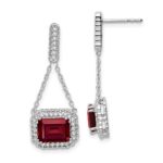 14k White Gold 8x6mm Emerald-cut Lab Created Ruby and Diamond Chain Dangle Post Earrings