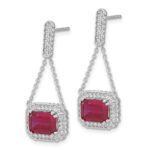 14k White Gold 8x6mm Emerald-cut Lab Created Ruby and Diamond Chain Dangle Post Earrings - Image 2