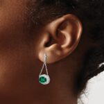 14k White Gold 8x6mm Oval Lab Created Emerald and Diamond Chain Dangle Post Earrings - Image 3