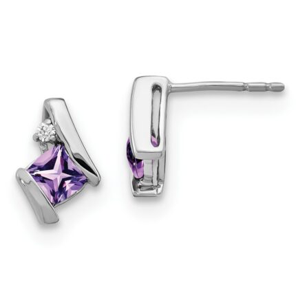 14k White Gold 4mm Cushion February/Amethyst and Diamond Post Earrings