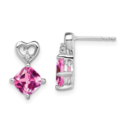 14k White Gold 6mm Cushion October/Lab Created Pink Sapphire and Diamond Heart Post Earrings