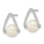 14k White Gold 6-7mm White Button Freshwater Cultured Pearl and .15 carat Diamond Post Earrings - Image 2