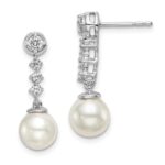 14k White Gold 6-7mm White Round Freshwater Cultured Pearl and .34 carat Diamond Dangle Post Earrings