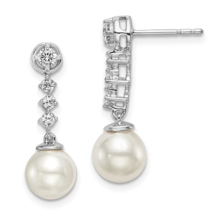 14k White Gold 6-7mm White Round Freshwater Cultured Pearl and .34 carat Diamond Dangle Post Earrings