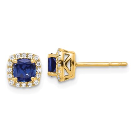 14k 1/10 carat Lab Grown Diamond VS/SI+ G+ and Created Sapphire Complete Square Halo Post Earrings