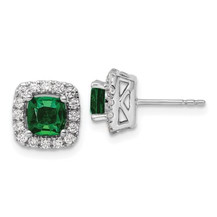 14k White Gold 3/8 carat Lab Grown Diamond VS/SI+ G+ May Birthstone Lab Created Emerald Halo Post Earrings