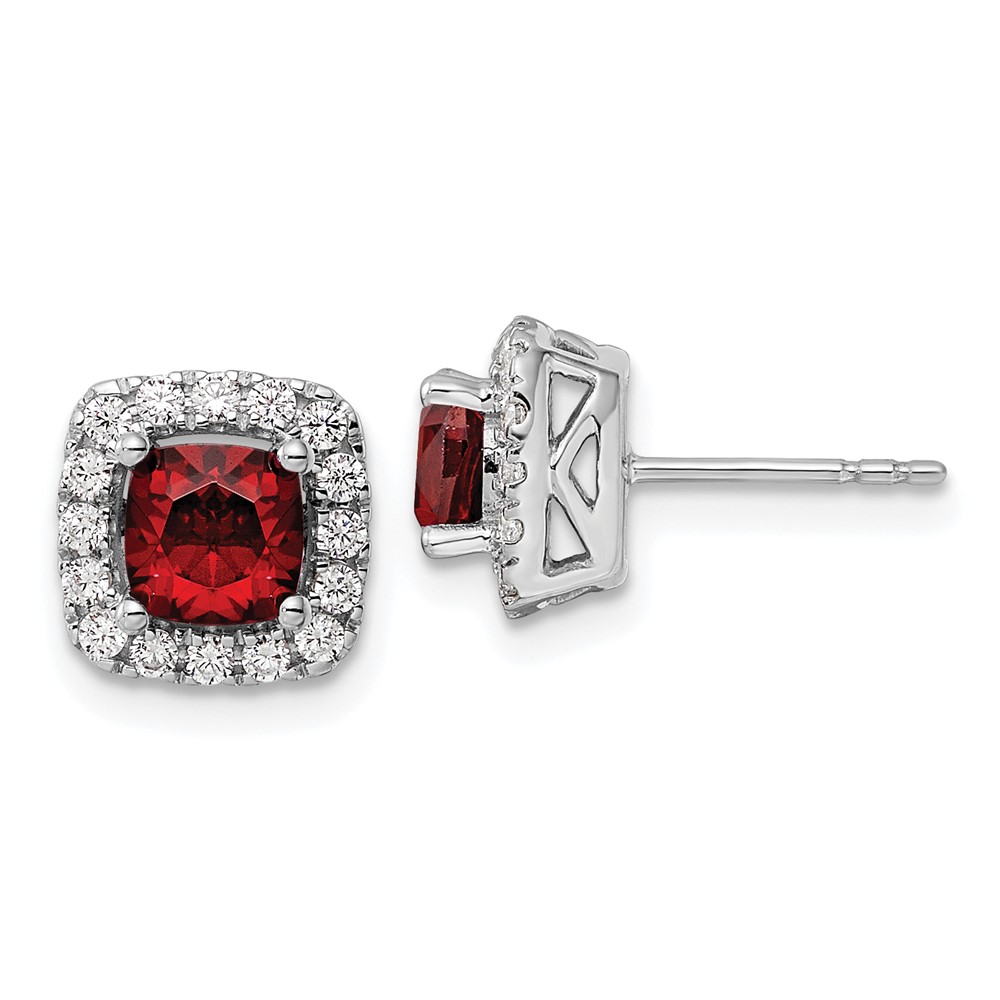 EM9037-GA-038-WAA.jpg 14k White Gold 3/8 carat Lab Grown Diamond VS/SI+ G+ January Birthstone Garnet Halo Post Earrings - Image 1