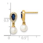 14K White Round Freshwater Cultured Pearl/.09 carat Diamond/Pear Sapphire Dangle Post Earrings - Image 3