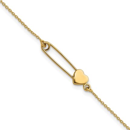 14K Safety Pin with Heart 7 inch Bracelet