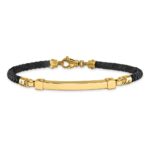 14K Polished 4mm Bar Braided Black Leather 8 inch Bracelet - Image 3