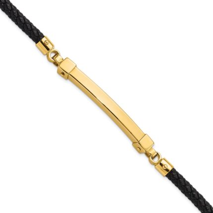 14K Polished 4mm Bar Braided Black Leather 8 inch Bracelet