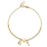14K Polished and Diamond-cut Heart Lock and Key 7 inch Bracelet Plus 0.5 inch Extender - Image 4