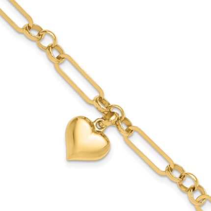 14K Polished Puffed Heart Charm Dangle Figaro Link 7.5 inch Bracelet