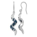 Sterling Silver Rhodium-Plated Polished Long Twirl White and Blue Crystal Wave Dangle Earrings